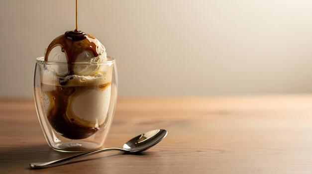 coffee poured over ice cream in glass