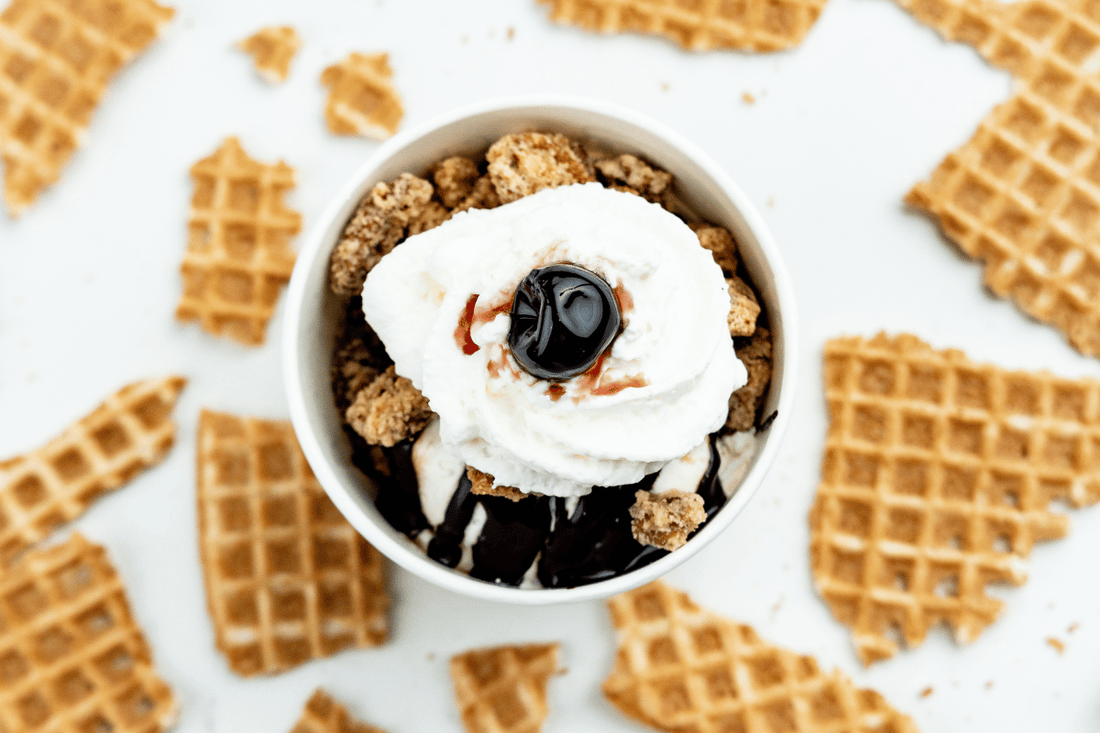 Ice cream sundae with waffle pieces