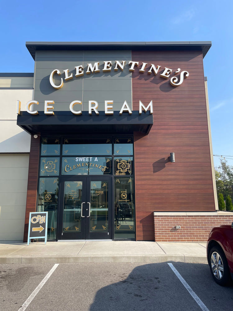 Clementine's Ice Cream building with a clear blue sky